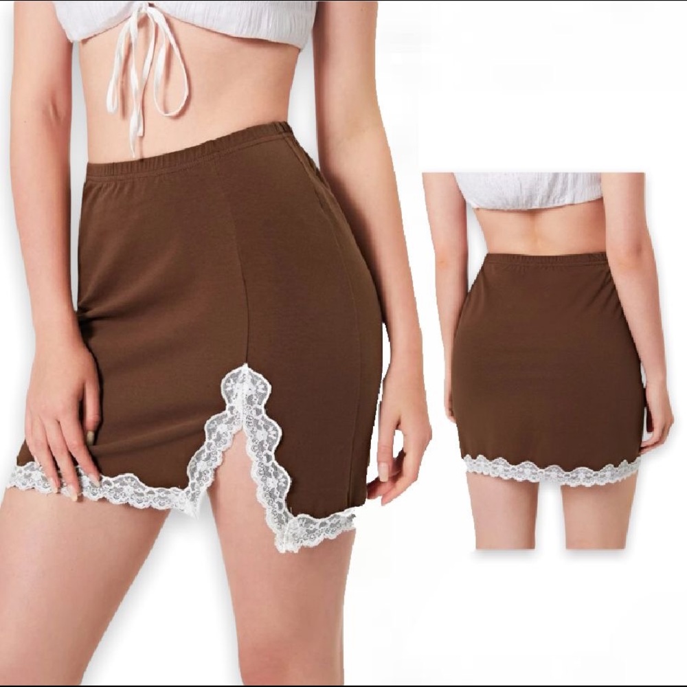 New Casual Boho Coffee Brown Colorblock Lace Trim Split Hem Bodycon Skirt - Picture 3 of 10